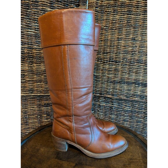 Vintage Frye Jane Stitch Leather Riding Boots Women's 8 Cognac Western 70s - Picture 1 of 15